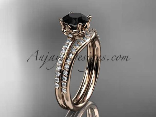 14kt rose gold diamond floral wedding ring, engagement set with a Black Diamond center stone ADLR92S
