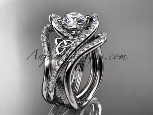 platinum diamond celtic trinity knot wedding ring, engagement ring with a "Forever One" Moissanite center stone and double matching band CT7369S