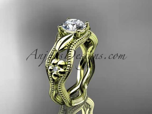 14k yellow gold leaf and flower diamond unique engagement ring with a "Forever One" Moissanite center stone ADLR382