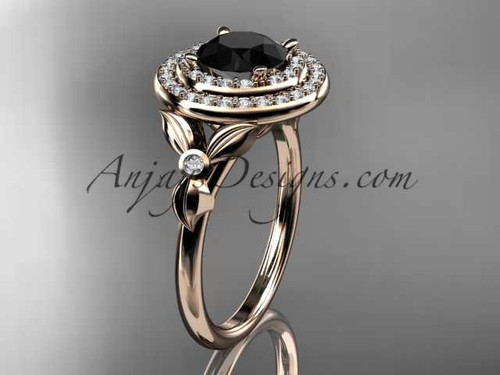 14kt rose gold diamond floral wedding ring, engagement ring with a Black Diamond center stone ADLR133
