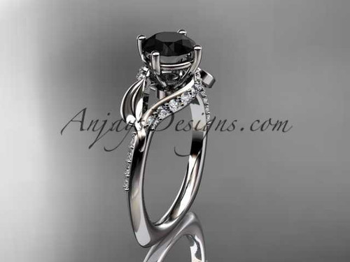 Unique 14k white gold diamond leaf and vine wedding ring, engagement ring with a Black Diamond center stone ADLR225