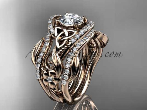 14kt rose gold diamond celtic trinity knot wedding ring, engagement ring with a double matching band CT7211S