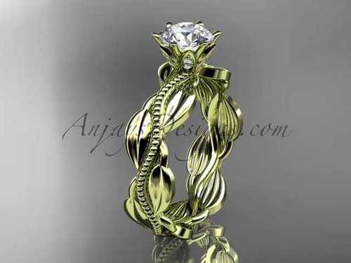 Unique 14k yellow gold leaf and vine engagement ring, wedding ring with a "Forever One" Moissanite center stone ADLR258