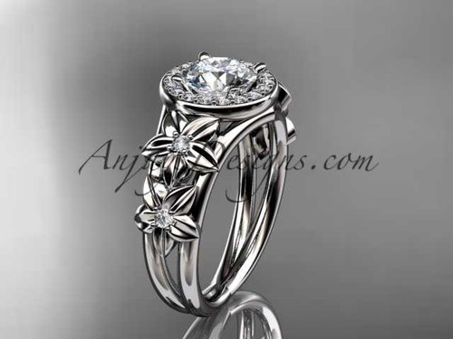 Halo Diamond Flower Bridal Ring, 14kt White Gold Moissanite center stone Ring ADLR131