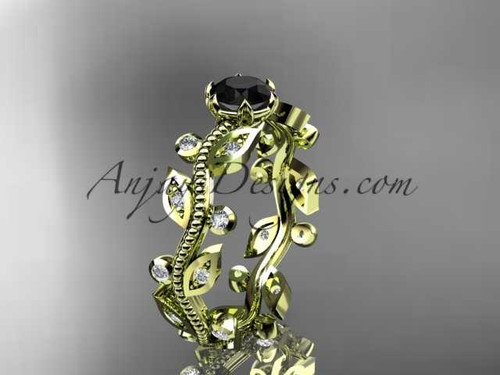 14k yellow gold diamond floral leaf and vine wedding ring, engagement ring with a Black Diamond center stone ADLR1
