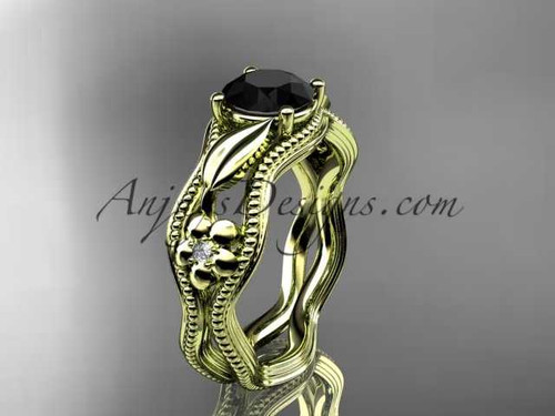 14k yellow gold leaf and flower diamond unique engagement ring with a Black Diamond center stone ADLR382
