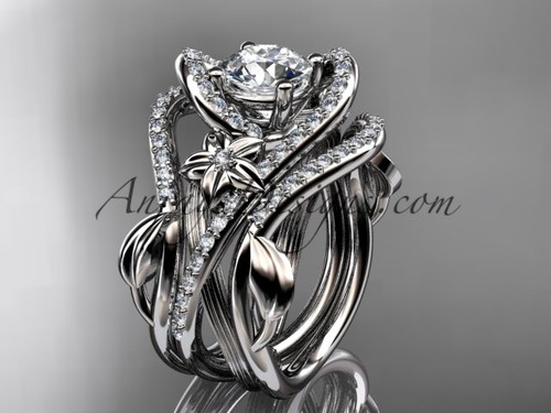 14kt white gold diamond leaf and vine engagement ring with  "Forever One" Moissanite center stone and double matching band  ADLR369S