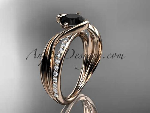14kt rose gold diamond leaf and vine wedding ring, engagement ring with Black Diamond center stone ADLR78