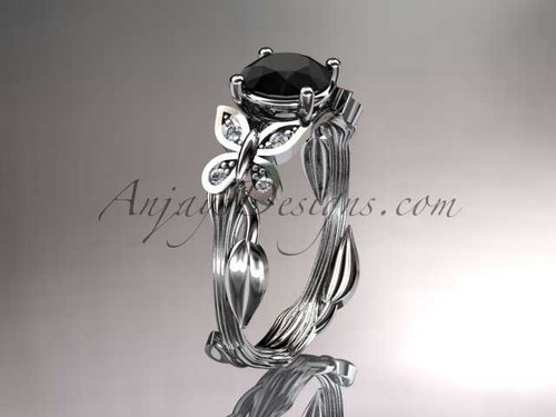 14kt white gold diamond leaf and vine wedding ring, engagement ring with a Black Diamond center stone ADLR251