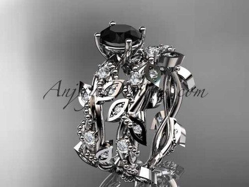 platinum diamond leaf and vine wedding ring, engagement set with Black Diamond center stone ADLR59S