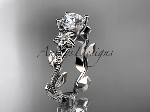 Anjays Designs 1 carat round lab grown diamond flower engagement ring in 14k white gold, IGI certified nature inspired floral design.