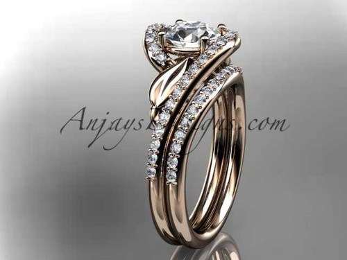 14k rose gold diamond leaf and vine wedding ring, engagement set with a "Forever One" Moissanite center stone ADLR317S