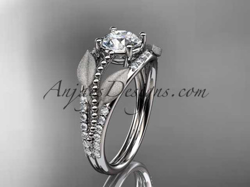14kt white gold diamond leaf and vine wedding ring, engagement ring with "Forever One" Moissanite center stone ADLR75