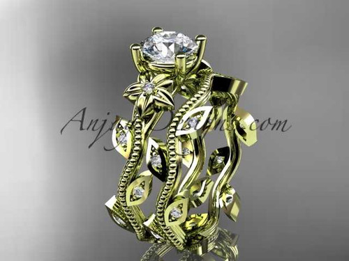 14k yellow gold diamond leaf and vine wedding ring, engagement ring, engagement set ADLR151S