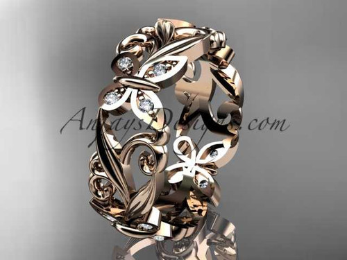 14kt rose gold diamond leaf and vine butterfly wedding ring, engagement ring, wedding band ADLR144