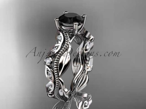 14kt white gold diamond leaf and vine wedding ring, engagement ring with a Black Diamond center stone ADLR342
