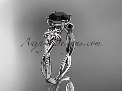 platinum flower diamond wedding ring, engagement ring with a Black Diamond center stone ADLR388