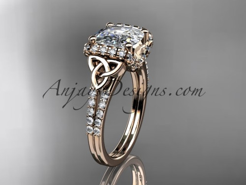 14kt rose gold diamond celtic trinity knot wedding ring, engagement ring with Cushion Cut Moissanite CT7148