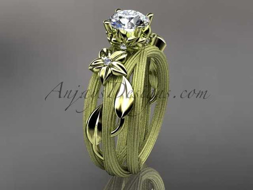 14kt yellow gold diamond floral, leaf and vine wedding ring, engagement ring with a "Forever One" Moissanite center stone ADLR253