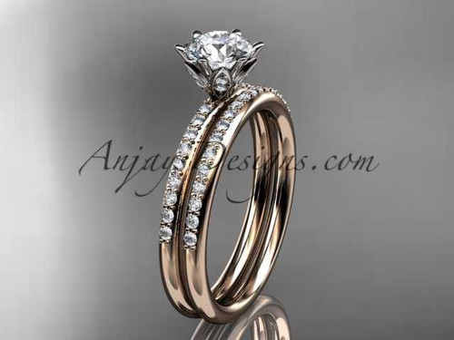 Unique Moissanite Engagement Ring Set, 14kt Rose Gold Simply Diamond Wedding Ring ADER145S