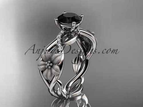 Unique Nature Themed Wedding Ring, Platinum Flower Black Diamond Bridal Ring ADLR270