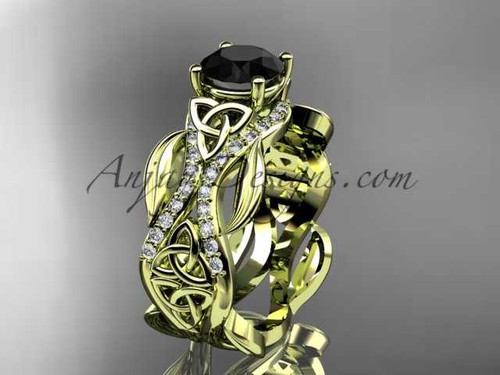14kt yellow gold diamond celtic trinity knot wedding ring, engagement ring with a Black Diamond center stone CT7515