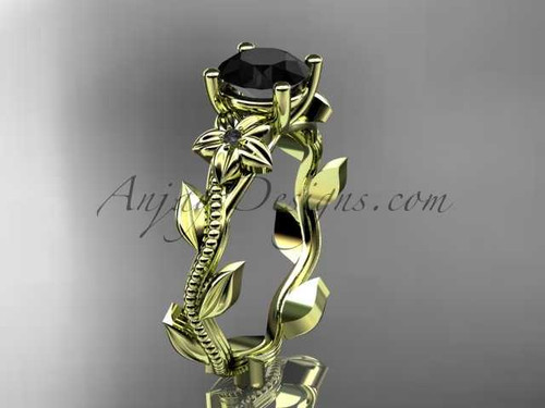 Unique Leaf and Flower Wedding Ring, 14kt Yellow Gold Black Diamond Bridal Ring ADLR238