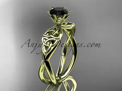14kt yellow gold diamond celtic trinity knot wedding ring, engagement ring with a Black Diamond center stone CT7221