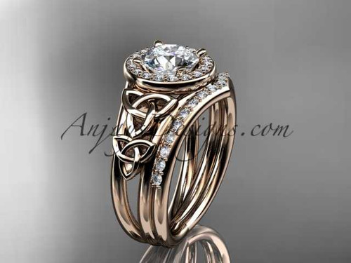14kt rose gold diamond celtic trinity knot wedding ring, engagement set with a "Forever One" Moissanite center stone CT7131S