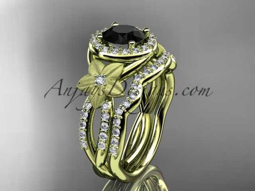 14kt yellow gold diamond floral wedding ring, engagement set with a Black Diamond center stone ADLR127S