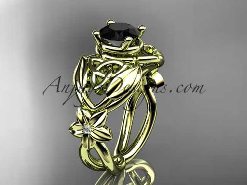 14kt yellow gold diamond celtic trinity knot wedding ring, engagement ring with a Black Diamond center stone CT7501