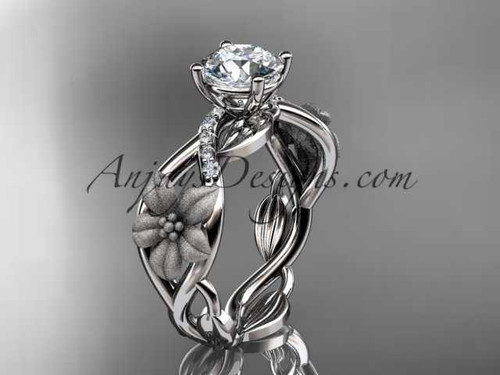 Unique 14kt white gold diamond floral leaf and vine wedding ring, engagement ring with a "Forever One" Moissanite center stone ADLR270
