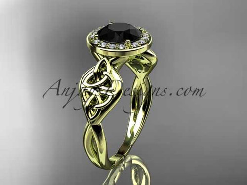 14kt yellow gold diamond celtic trinity knot wedding ring, engagement ring with a Black Diamond center stone CT7219