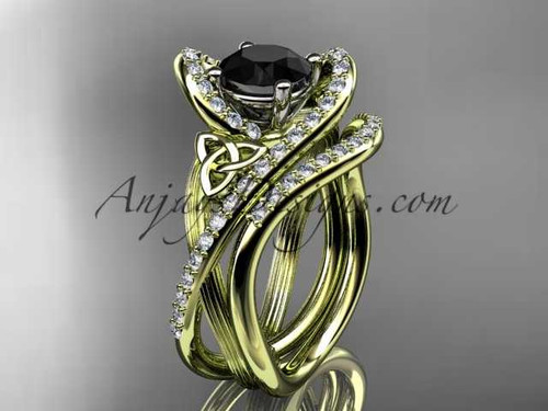 14kt yellow gold diamond celtic trinity knot wedding ring, engagement set with a Black Diamond center stone CT7369S