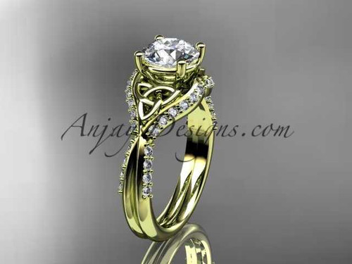 14kt yellow gold diamond celtic trinity knot wedding ring, engagement ring with a "Forever One" Moissanite center stone CT7224