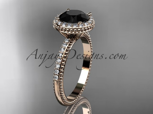 14kt rose gold diamond unique engagement ring,  wedding ring with a Black Diamond center stone ADER95