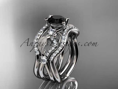 14kt white gold diamond leaf and vine wedding ring, engagement ring with Black Diamond center stone and double matching band ADLR68S