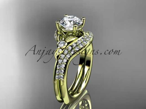 14kt yellow gold diamond leaf and vine engagement ring set with a "Forever One" Moissanite center stone ADLR112S