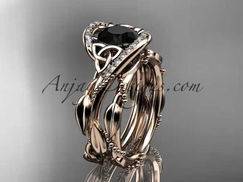 14kt rose gold celtic trinity knot engagement set, wedding ring with Black Diamond center stone CT764S