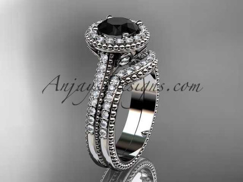 Solitaire Black Diamond Engagement Ring, Platinum Halo Diamond Wedding Ring Set ADLR101S