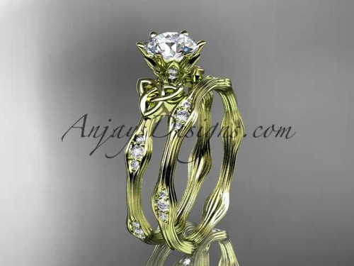 14kt yellow gold diamond celtic trinity knot wedding ring, engagement set with a "Forever One" Moissanite center stone CT7132S