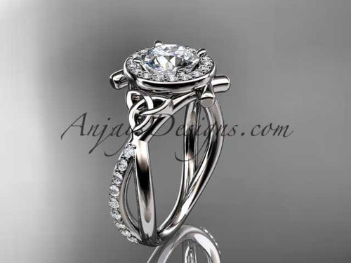 platinum celtic trinity knot engagement ring, wedding ring with a "Forever One" Moissanite center stone CT789