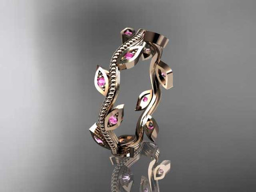 14k rose gold pink sapphire leaf and vine wedding ring,engagement ring,wedding band ADLR1B