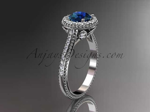 14kt white gold diamond floral wedding ring,engagement ring with blue sapphire center stone ADLR101