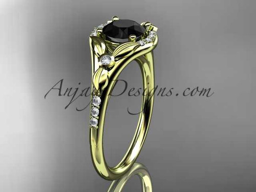 14kt yellow gold diamond floral wedding ring, engagement ring with a Black Diamond center stone ADLR126