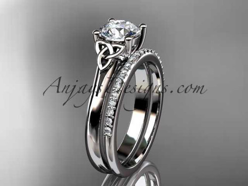 14kt white gold diamond celtic trinity knot wedding ring, engagement set with a "Forever One" Moissanite center stone CT7154S