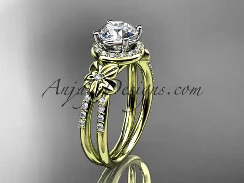 14k yellow gold leaf and flower diamond unique engagement ring, wedding ring with a "Forever One" Moissanite center stone ADLR373