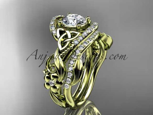 14kt yellow gold diamond celtic trinity knot wedding ring, engagement set with a "Forever One" Moissanite center stone CT7211S