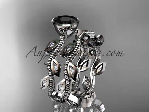 14k white gold diamond leaf and vine wedding ring, engagement ring, engagement set with a Black Diamond center stone ADLR213S