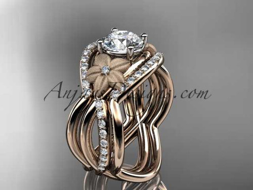 14kt rose gold diamond leaf and vine wedding ring, engagement ring with double matching band ADLR90S